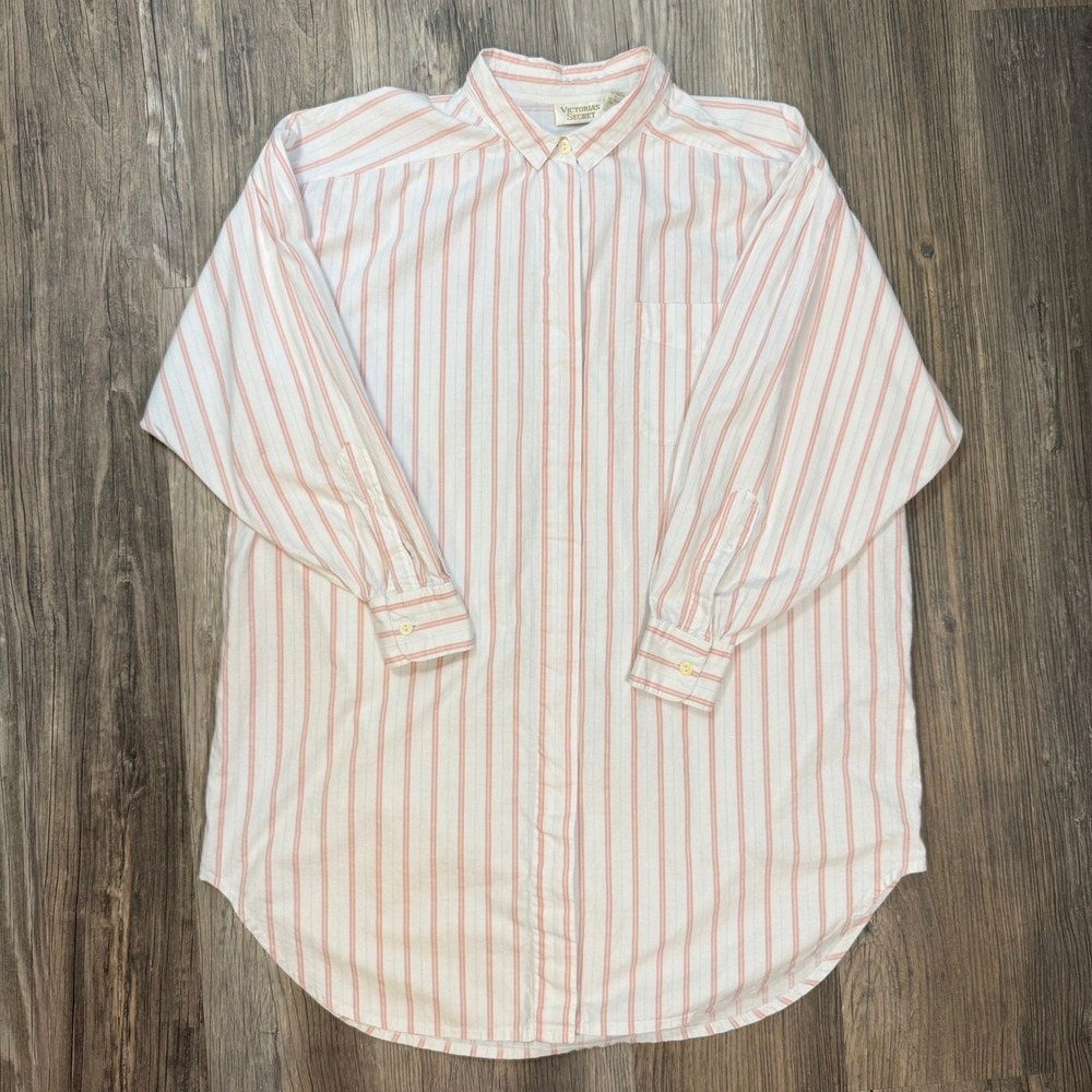 90's Victorias Secret Gold Label Pink Striped Cotton Sleep Shirt L Vintage